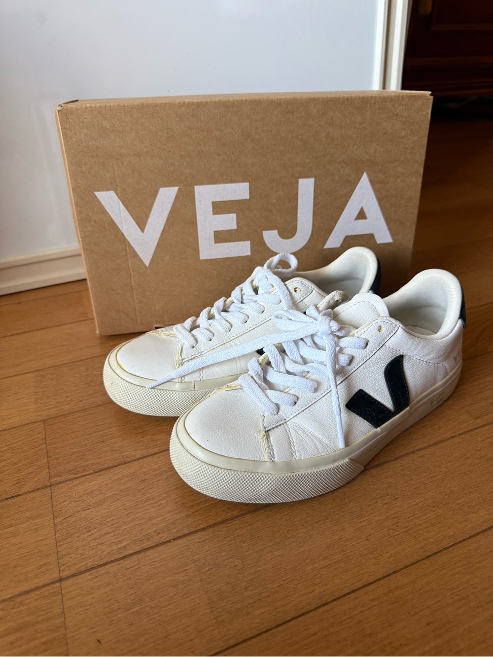 Veja White Leather Sneakers with Black V Logo